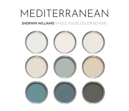 Mediterranean Sherwin Williams Paint Palette - Modern Neutral Interior Paint Colors for Home, Coastal Interior Design Color Palette, Mediterranean Boho, Marshmallow Compliments