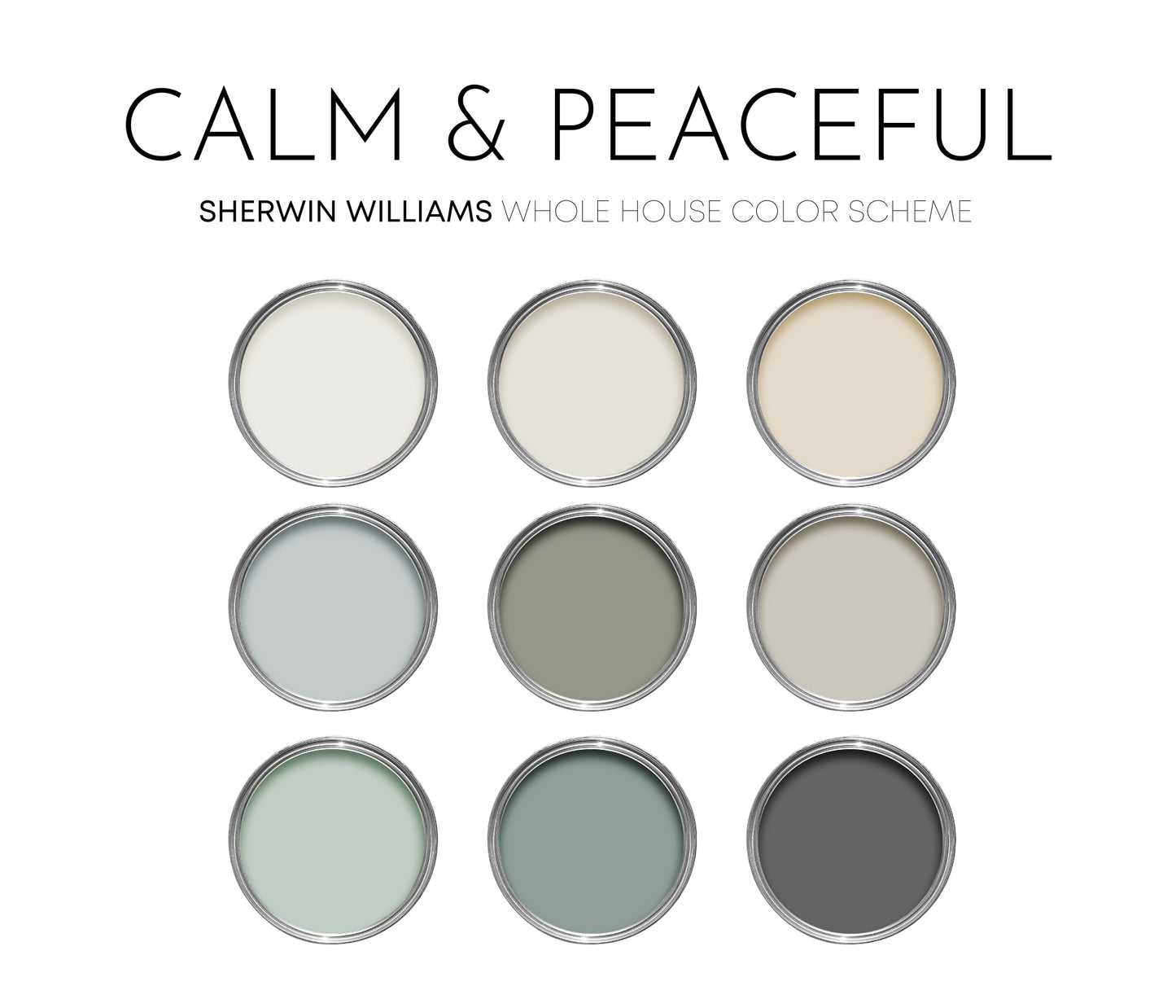 Calm and Peaceful Sherwin Williams Paint Palette, Neutral Interior Paint Colors, Coastal Color Scheme, Pure White