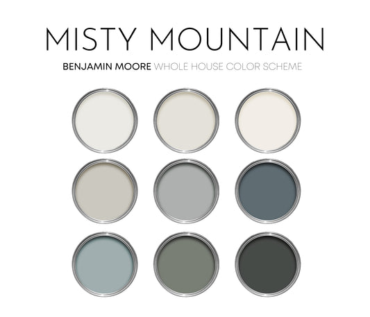 Misty Mountain Benjamin Moore Paint Palette, Neutral Interior Paint Colors, Modern Farmhouse Color Scheme, White Heron