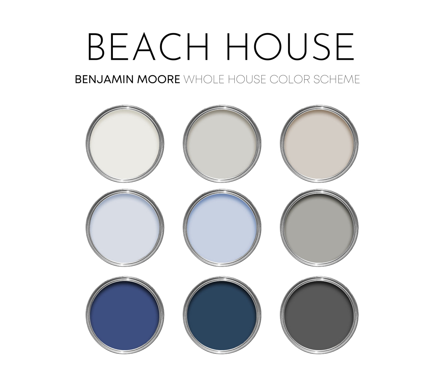 Beach House Benjamin Moore Paint Palette, Interior Paint Colors for Home, Cool Grays, Coastal Colors, White Heron