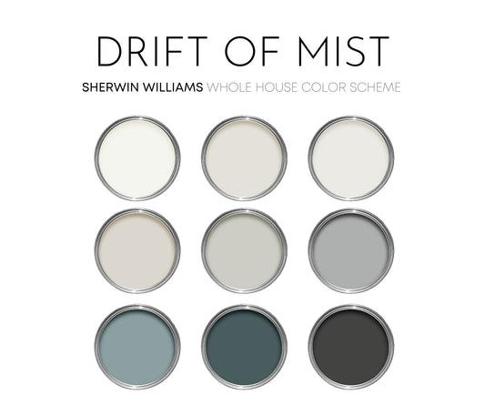 Drift of Mist Sherwin Williams Paint Palette - Modern Neutral Interior Paint Colors for Home - Coastal Interior Design Color Palette, Sherwin Williams Iron Ore