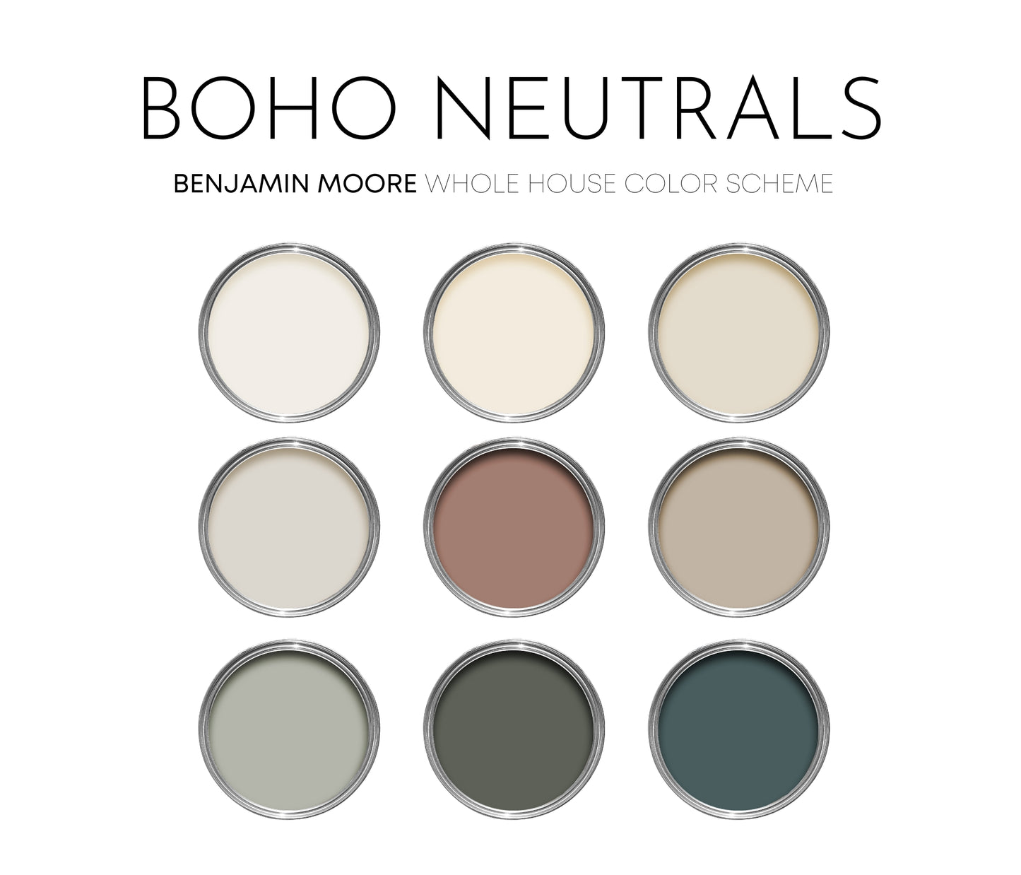 Boho Neutrals Benjamin Moore Paint Palette, Neutral Interior Paint Colors, Earthy Color Scheme, Vanderberg Blue Compliments, Warm Neutrals