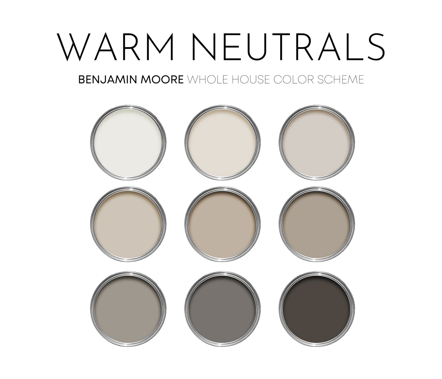 Warm Neutrals Benjamin Moore Paint Palette, Neutral Interior Paint Colors, Warm Color Scheme, Smokey Taupe Compliments