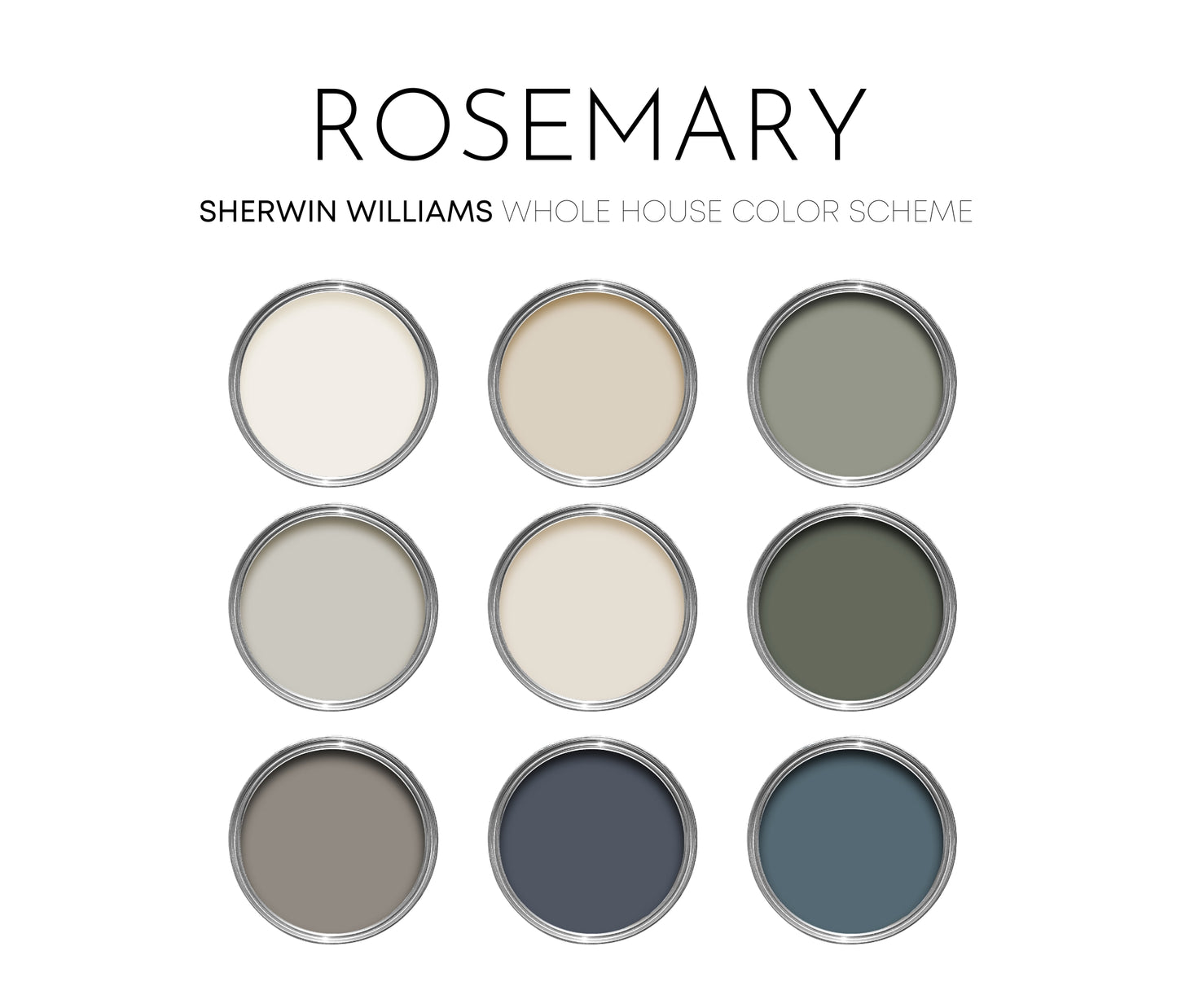 Rosemary Sherwin Williams Paint Palette, Modern Neutral Interior Paint Colors for Home, Rosemary Compliments, Warm Whites, Evergreen Fog