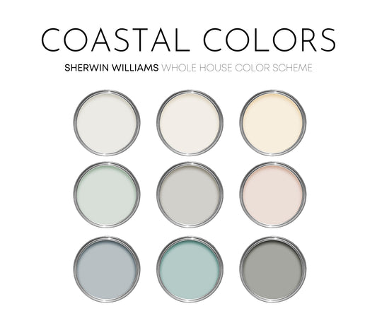 Coastal Colors Sherwin Williams Paint Palette, Interior Paint Colors for Home, Cottage Colors, Coastal Colors, Pure White