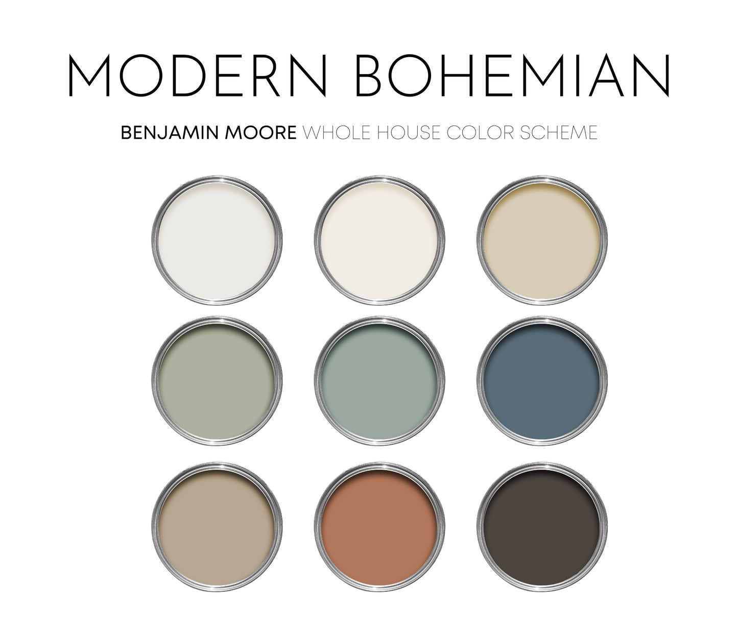 Modern Bohemian Benjamin Moore Paint Palette, Warm Neutrals, Moody Interior Paint Colors, Boho Color Palette, Saybrook Sage