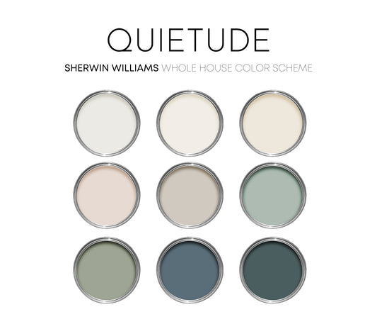 Quietude Sherwin Williams Paint Palette, Color of the Year, Modern Coastal, Cottage Interior Paint Colors for Home, Color Scheme, Alabaster