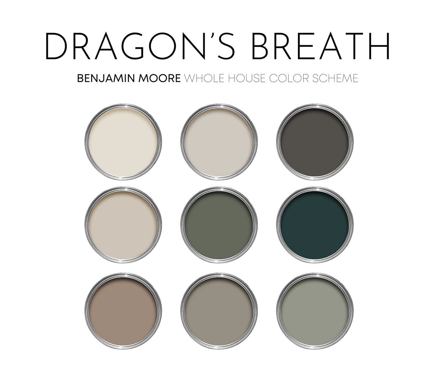 Dragon's Breath Benjamin Moore Paint Palette, Color of the Year Palette, Warm Neutral Colors for Home, Lake House, Smokey Taupe
