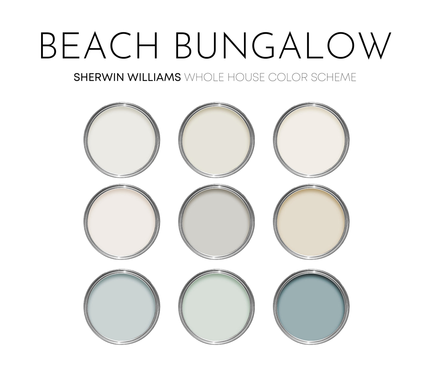 Beach Bungalow Sherwin Williams Paint Palette, Paint Colors for Home, Beach Cottage Neutrals, Whole House, Beach House Colors, Pearly White