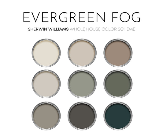 Evergreen Fog Sherwin Williams Paint Palette, Color of the Year Palette, Warm Neutral Colors for Home, Lake House, Urbane Bronze