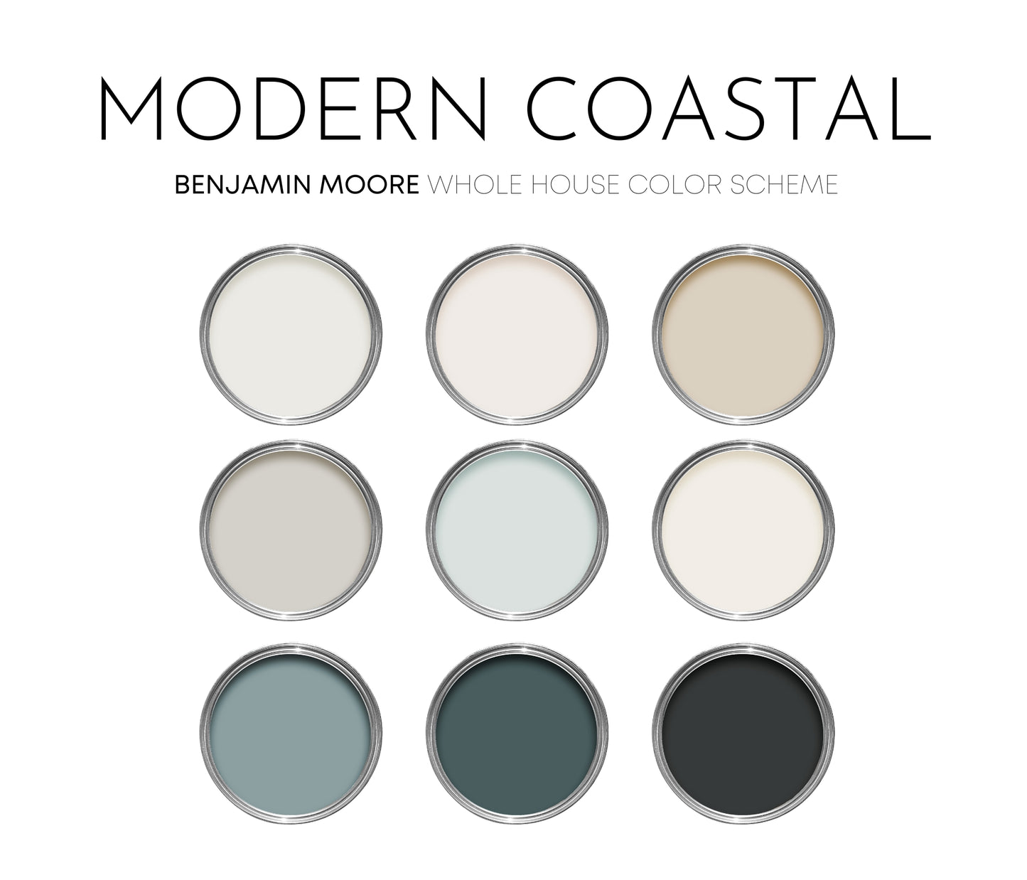 Modern Coastal Benjamin Moore Paint Palette - Modern Neutral Interior Paint Colors for Home, Coastal Interior Design Color Palette, Swiss Coffee