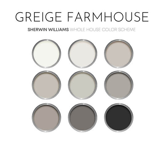 Greige Farmhouse Sherwin Williams Paint Palette - Modern Neutral Interior Paint Colors for Home - Coordinating Interior Design Color Palette, Sherwin Williams, Repose Gray