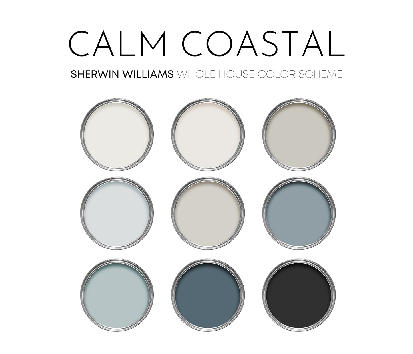 Calm Coastal Sherwin Williams Paint Palette - Modern Neutral Interior Paint Colors for Home, Coastal Interior Design Color Palette