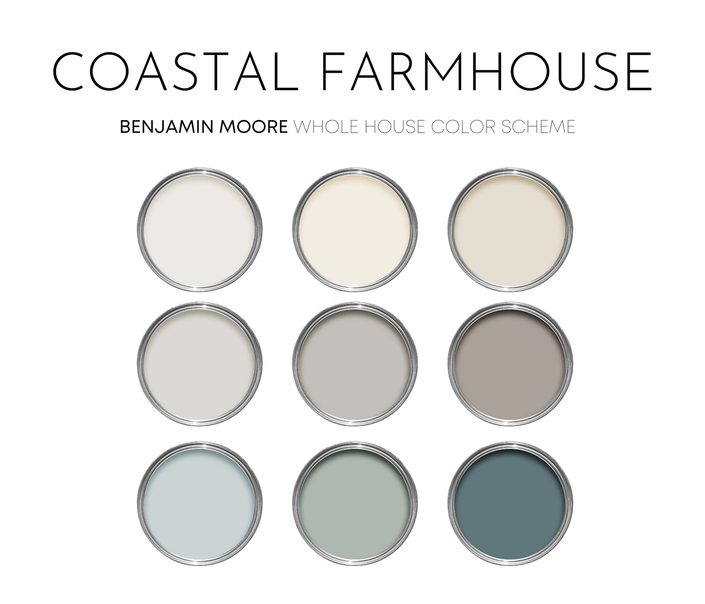 Coastal Farmhouse Benjamin Moore Paint Palette, Interior Paint Colors for Home, Calm Neutrals, Beach House, Beach Glass