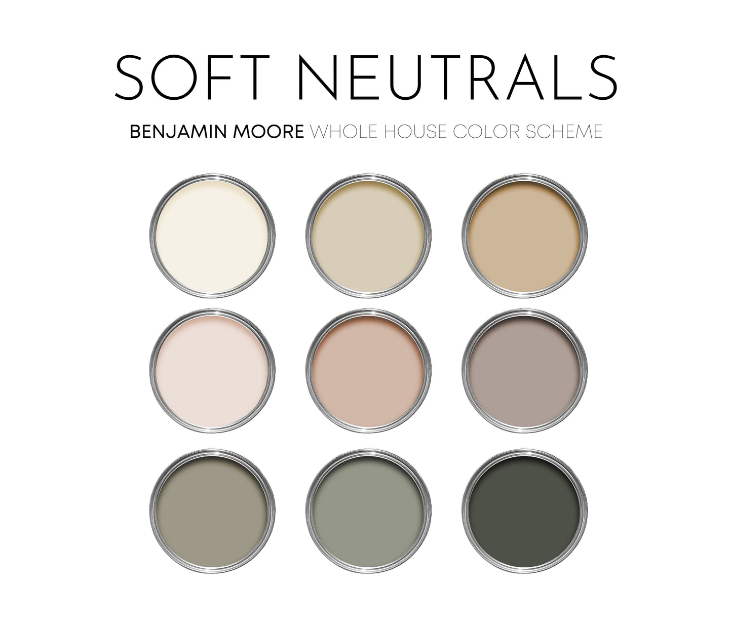 Soft Neutrals Benjamin Moore Paint Palette, Boho Neutral Interior Paint Colors, Modern Neutral Color Scheme, Warm Neutrals, Clay Beige
