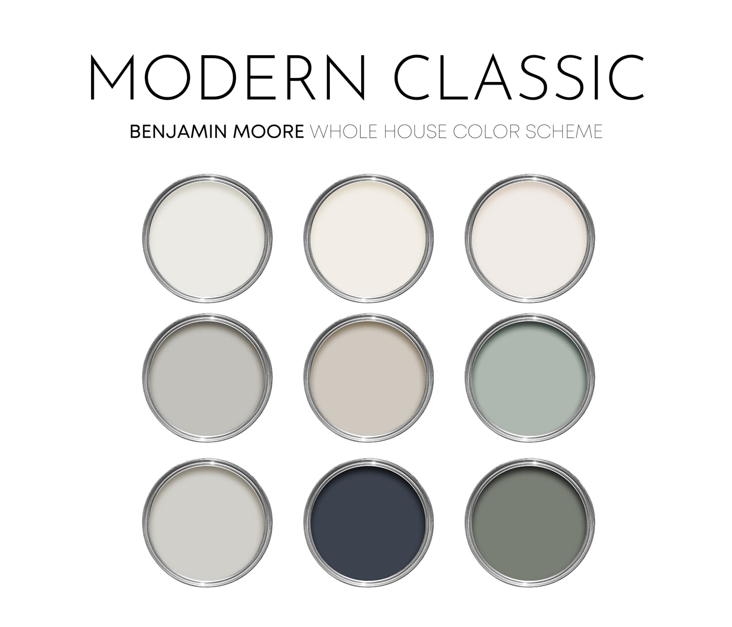 Modern Classic Benjamin Moore Paint Palette, Warm Neutrals, Interior Paint Colors, Coordinating Interior Design, Color Palette, Swiss Coffee