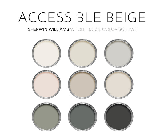 Accessible Beige Sherwin Williams Paint Palette, Modern Neutral Interior Paint Colors for Home, Accessible Beige Compliments, Warm Whites, Evergreen Fog
