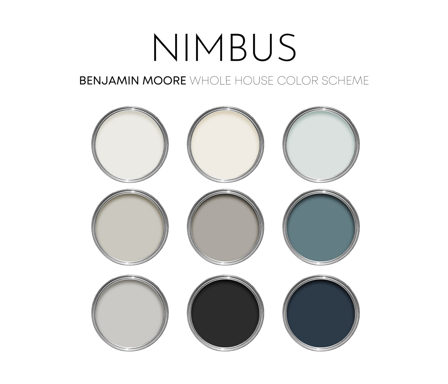 Nimbus Benjamin Moore Paint Palette, Modern Paint Colors for Home, Nimbus Compliments, Modern Neutrals, Decorator's White