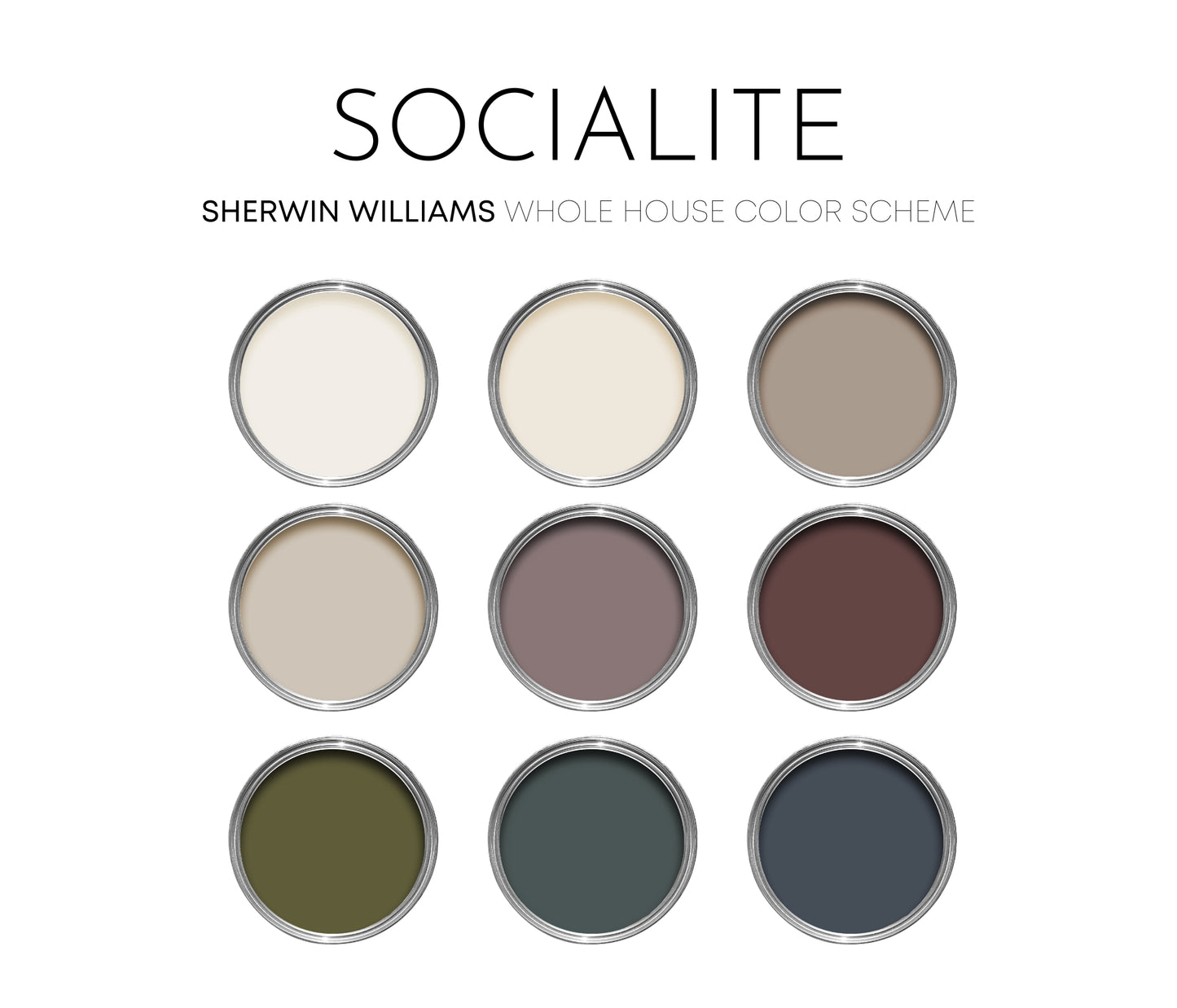 Socialite Sherwin Williams Paint Palette | Paint Colors for Home | Modern Moody Neutrals Color Scheme | Organic Earth Tones