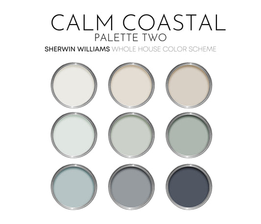 Calm Coastal - Palette Two | Sherwin Williams Paint Palette, Neutral Coastal Interior Paint Colors for Home, Coastal Color Scheme, Pure White