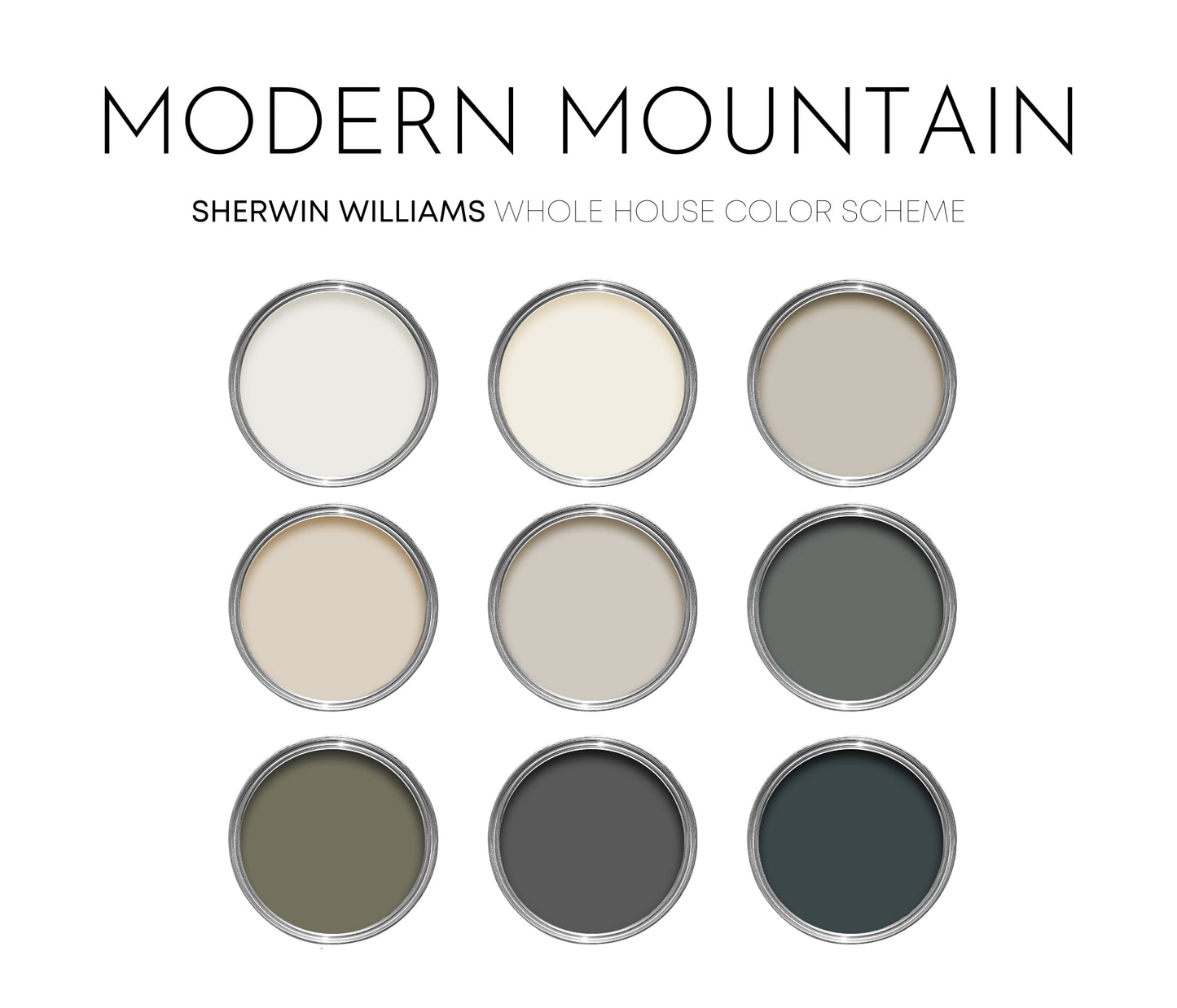 Modern Mountain Sherwin Williams Paint Palette, Neutral Interior Paint Colors, Modern Farmhouse Color Scheme, Pure White